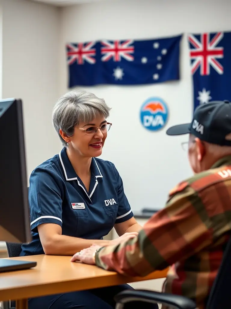A dedicated nurse providing DVA care to a veteran via video call, showing respect and understanding of their unique healthcare needs.
