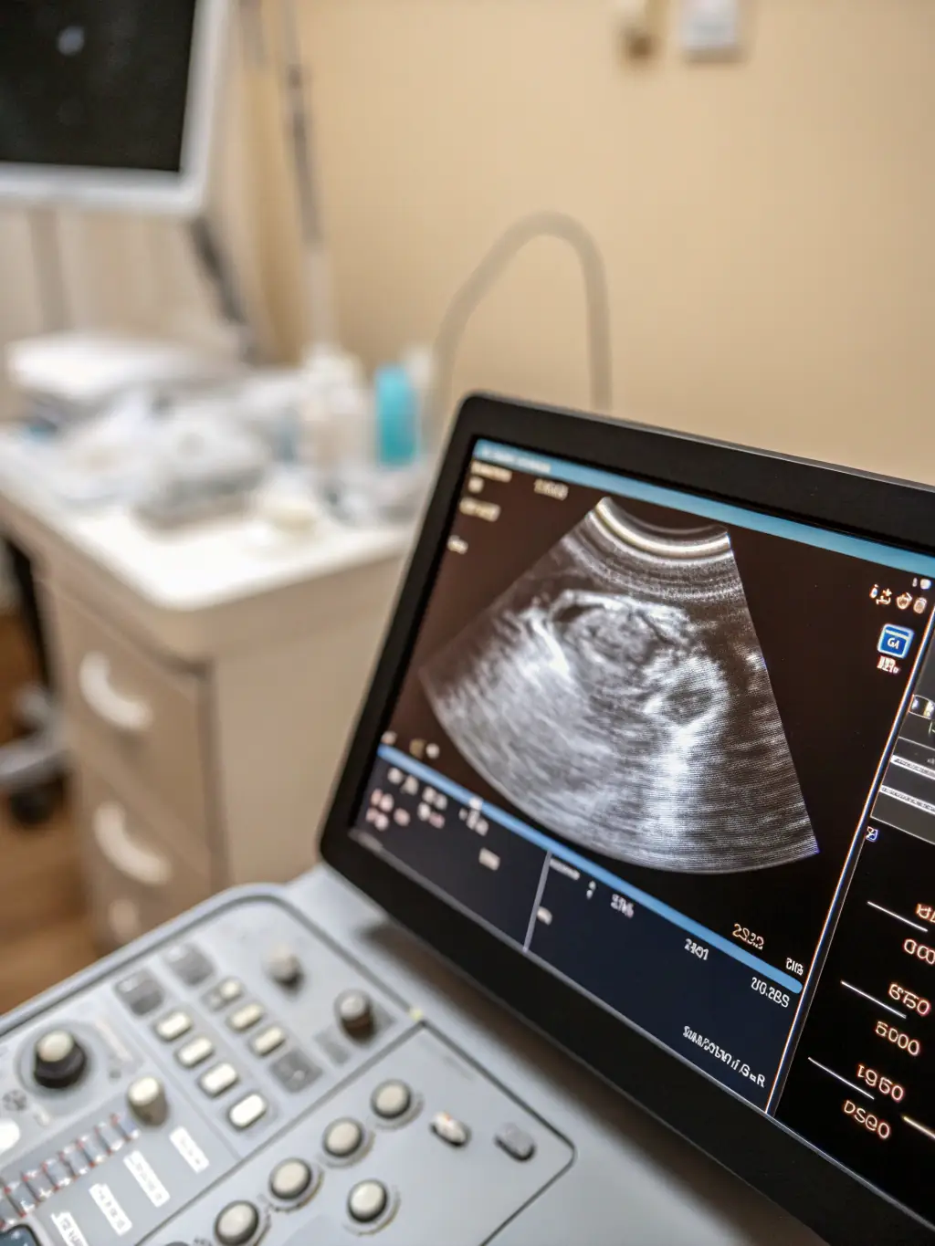 A high-resolution ultrasound image showing a detailed view of internal organs, emphasizing the role of imaging in medical diagnostics, in a clinic.
