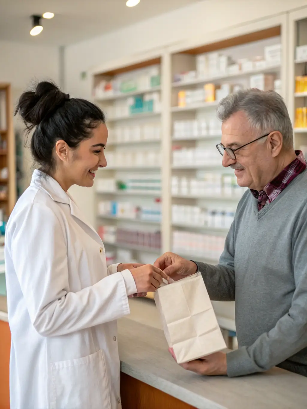 A pharmacist handing over a prescription to a DVA client, emphasizing the ease and convenience of online prescriptions and medication management.