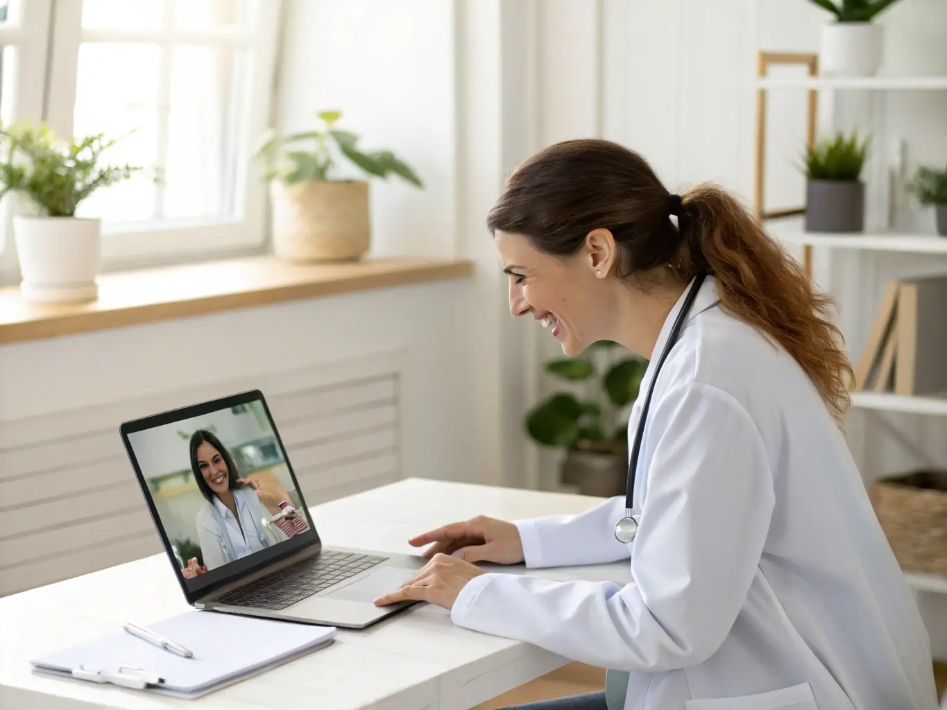 A friendly doctor smiling during a telehealth consultation with a patient, showcasing the ease and accessibility of online GP visits.