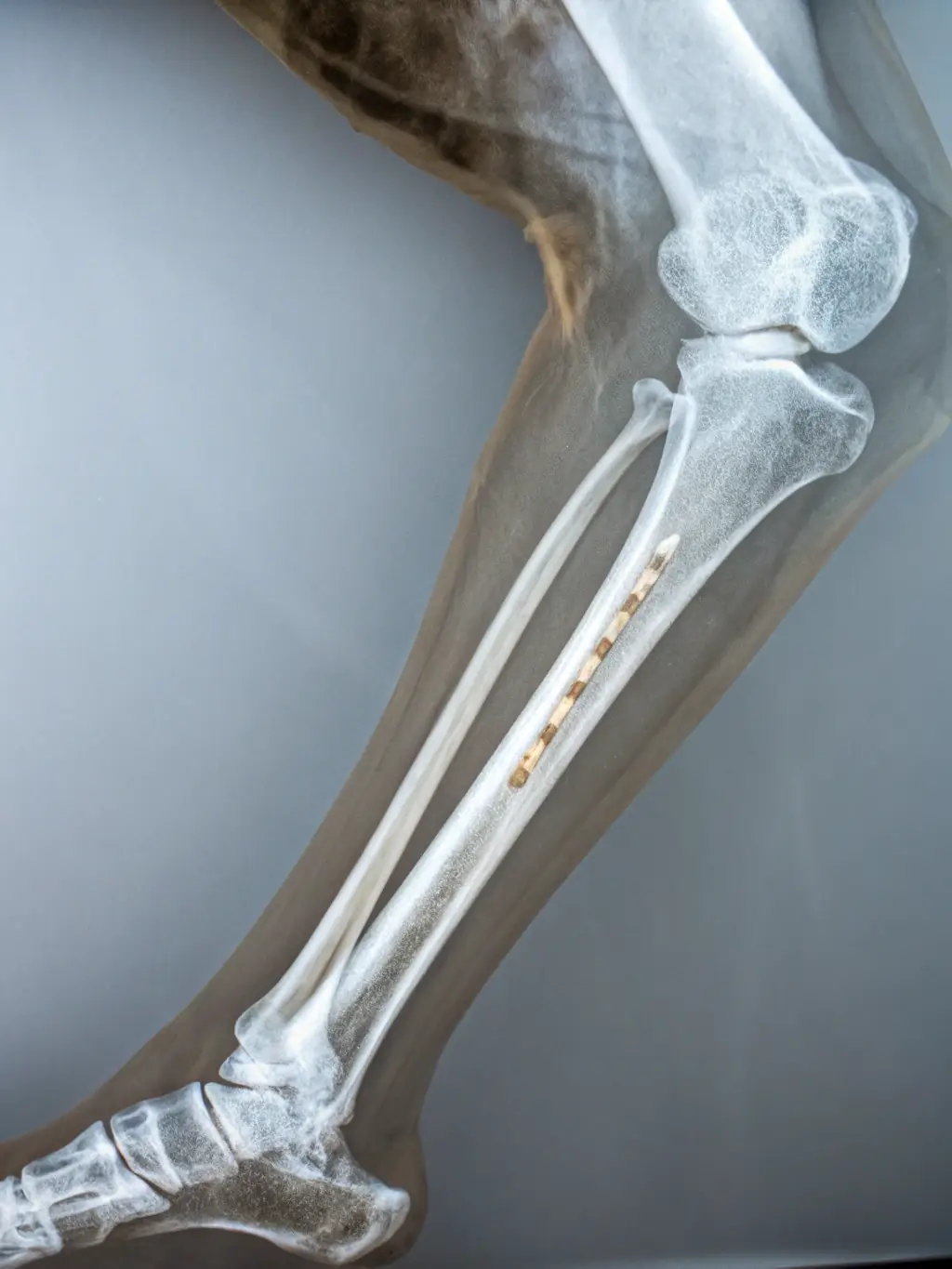 An X-ray image showing a clear bone fracture, highlighting the need for specialist orthopedic consultation, in a medical setting.