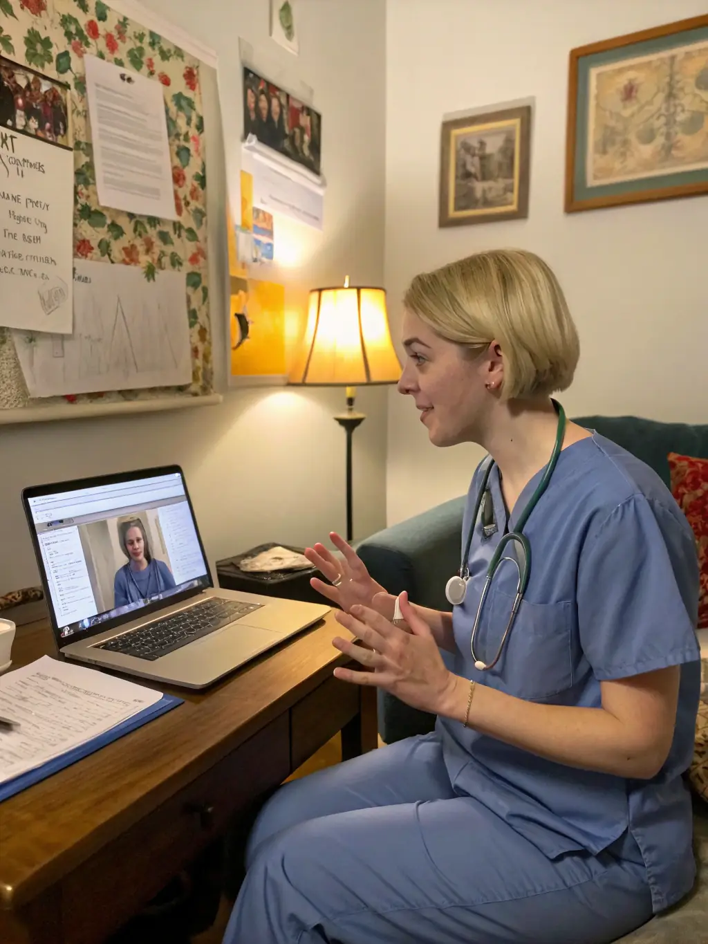 A compassionate nurse providing mental health support via video call, ensuring a safe and confidential environment for the patient.