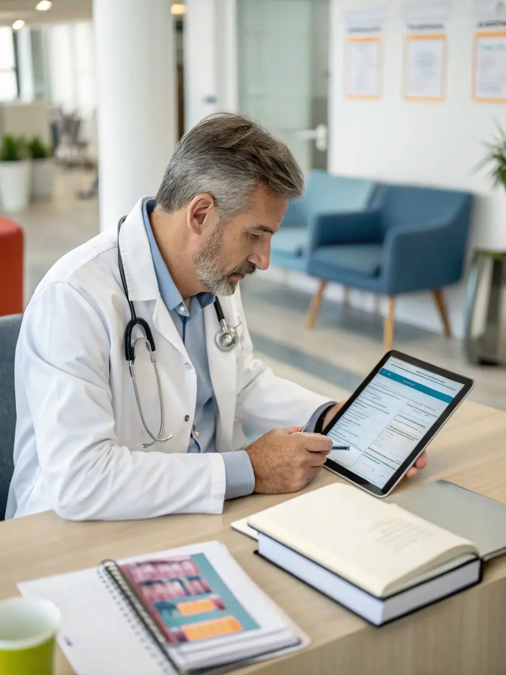 A healthcare professional reviewing a patient's chronic care plan on a tablet, illustrating the personalized approach to chronic disease management.