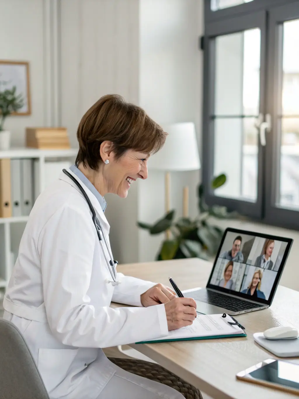 A friendly doctor smiling during a video consultation with a patient, showcasing the ease and accessibility of online GP services.