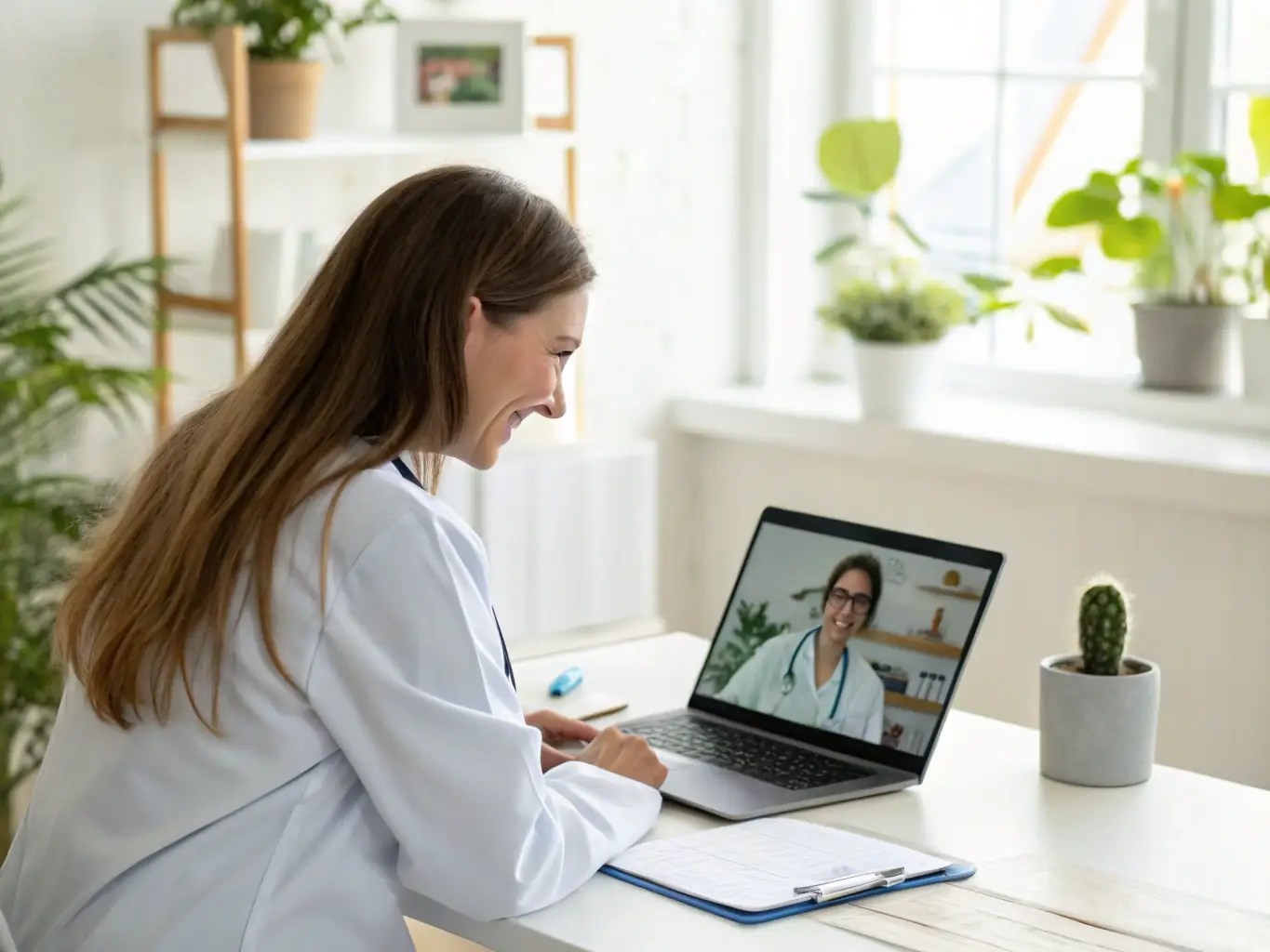 A friendly doctor conducting a video consultation on a computer screen with a patient, showcasing the ease and accessibility of online GP consultations.
